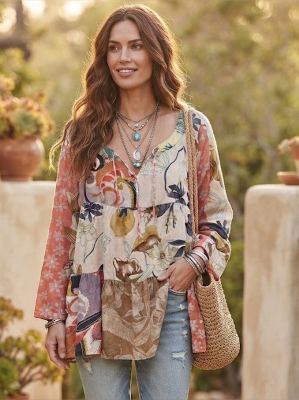 Sacred Threads Bohemian Patchwork Floral Tunic Top - Size S/M Linen Blend